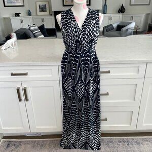 Mario Serrani Italy Slvless V Nk Faux Wrap Geo Print Maxi Dress Navy Sz M